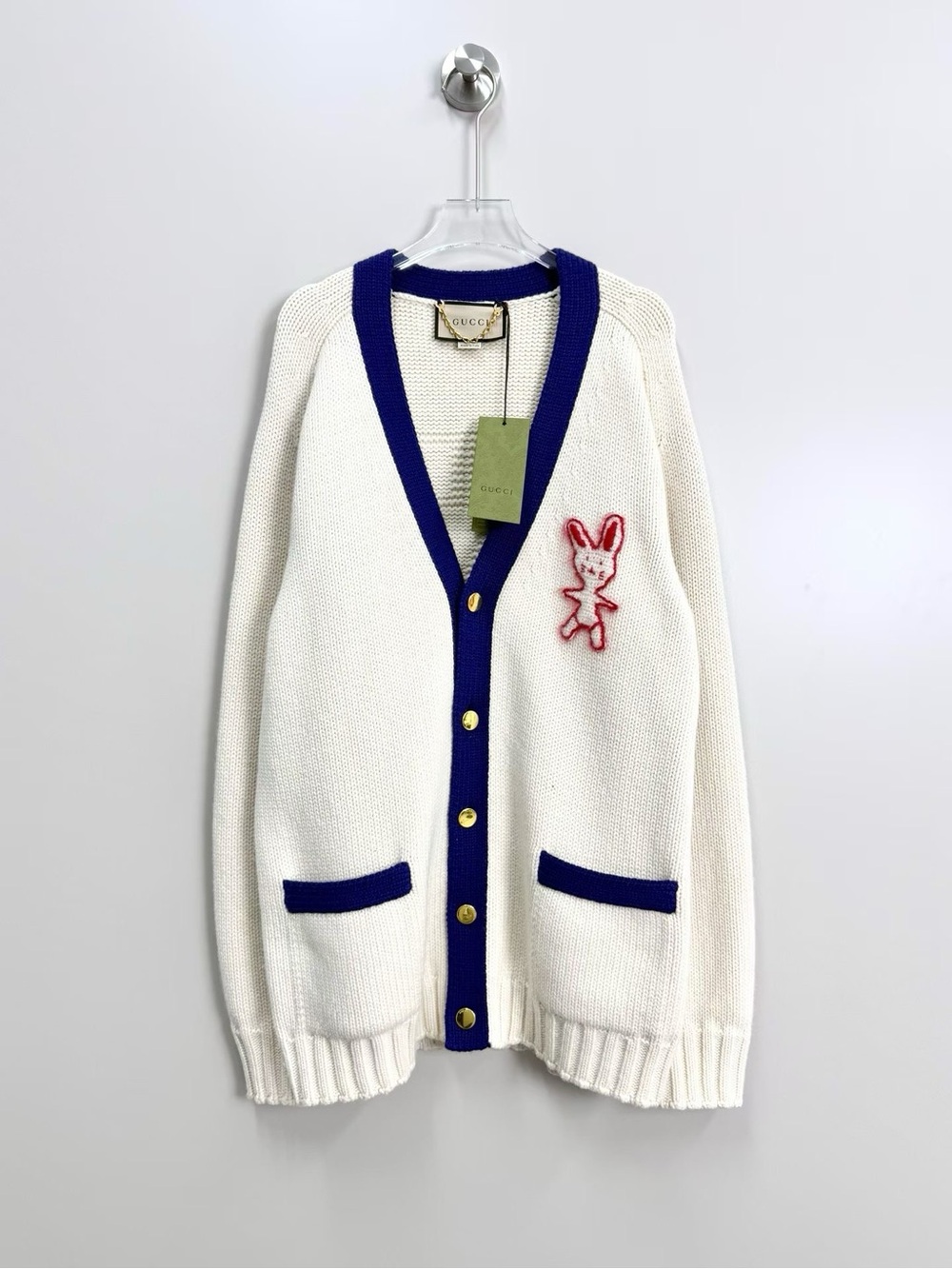 Gucci Cream Cardigan with Blue Trim and Red Bunny Patch